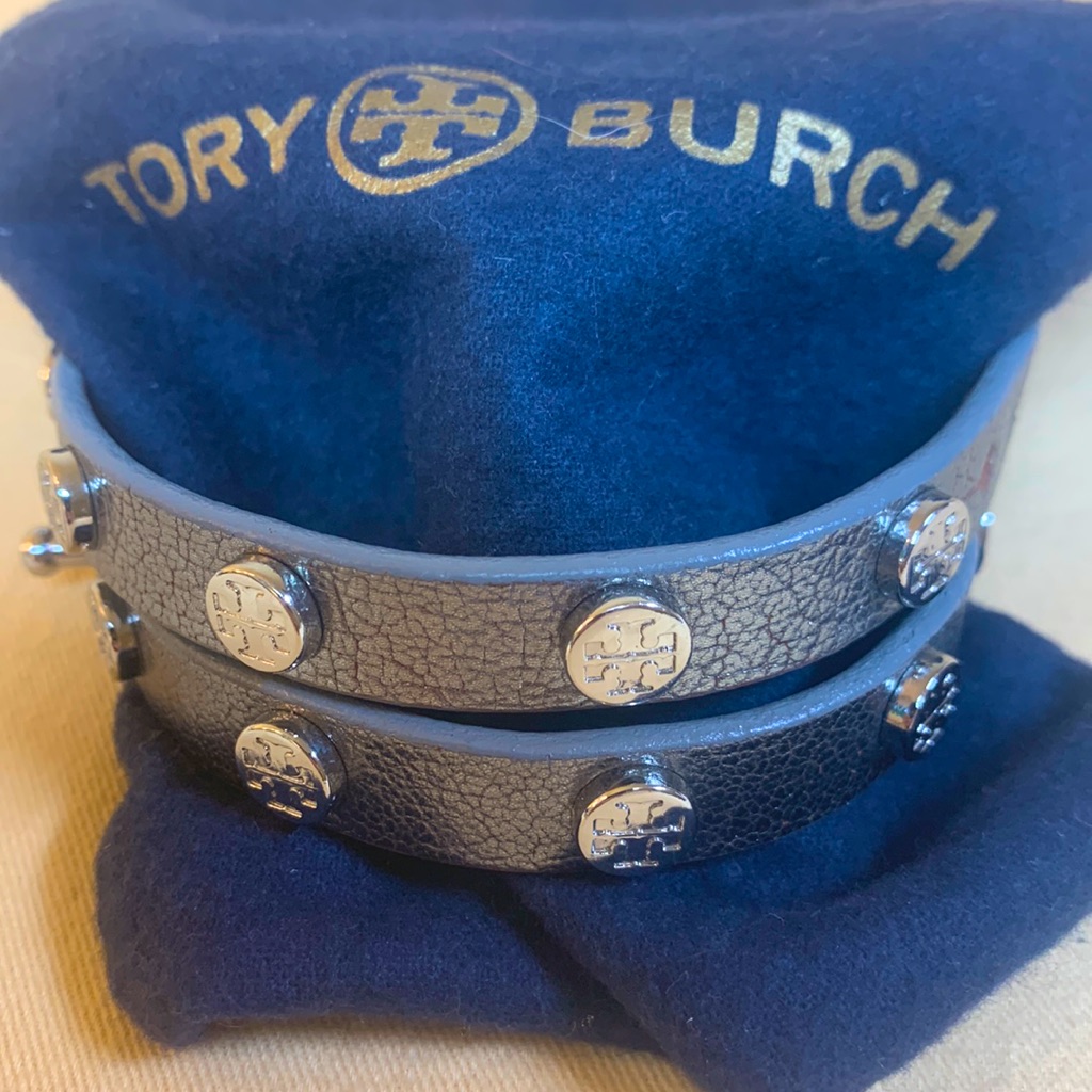 Like New Tory Burch Leather Wrap Bracelet Silver W/ Dust Bag. Adjustable